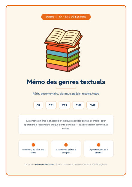 La première page du cadeau : Bonus 4 : mémo des genres de textes
