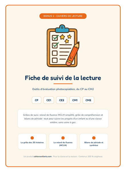 La première page du cadeau : Bonus 2 : fiche de suivi de la lecture