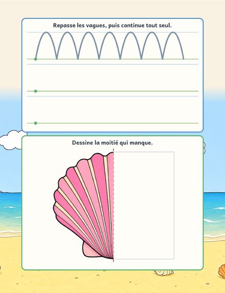 Une page du cahier : Activités PS, le coquillage à compléter