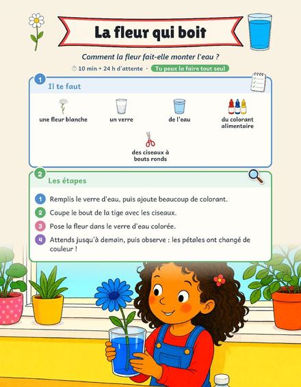 Une page du cahier : Expériences, la fleur qui boit