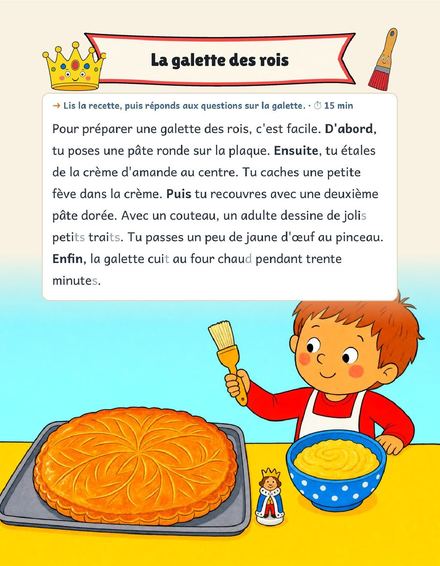 Une page du cahier : Lecture CE1, la galette des rois
