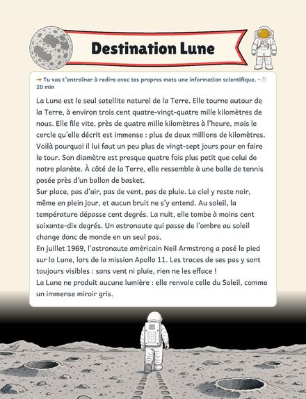 Une page du cahier : Lecture CM1, « Destination Lune »