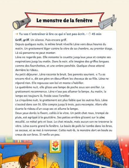 Une page du cahier : Lecture CM2, le monstre de la fenêtre