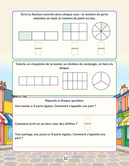 Une page du cahier : Maths CE1, les fractions