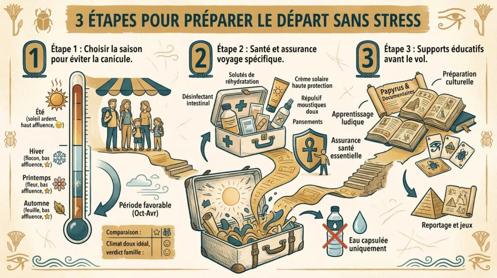 Famille préparant son voyage en Égypte avec des guides et des valises