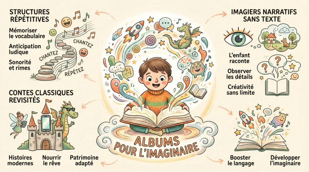 Enfant lisant un album illustré coloré pour stimuler son imagination