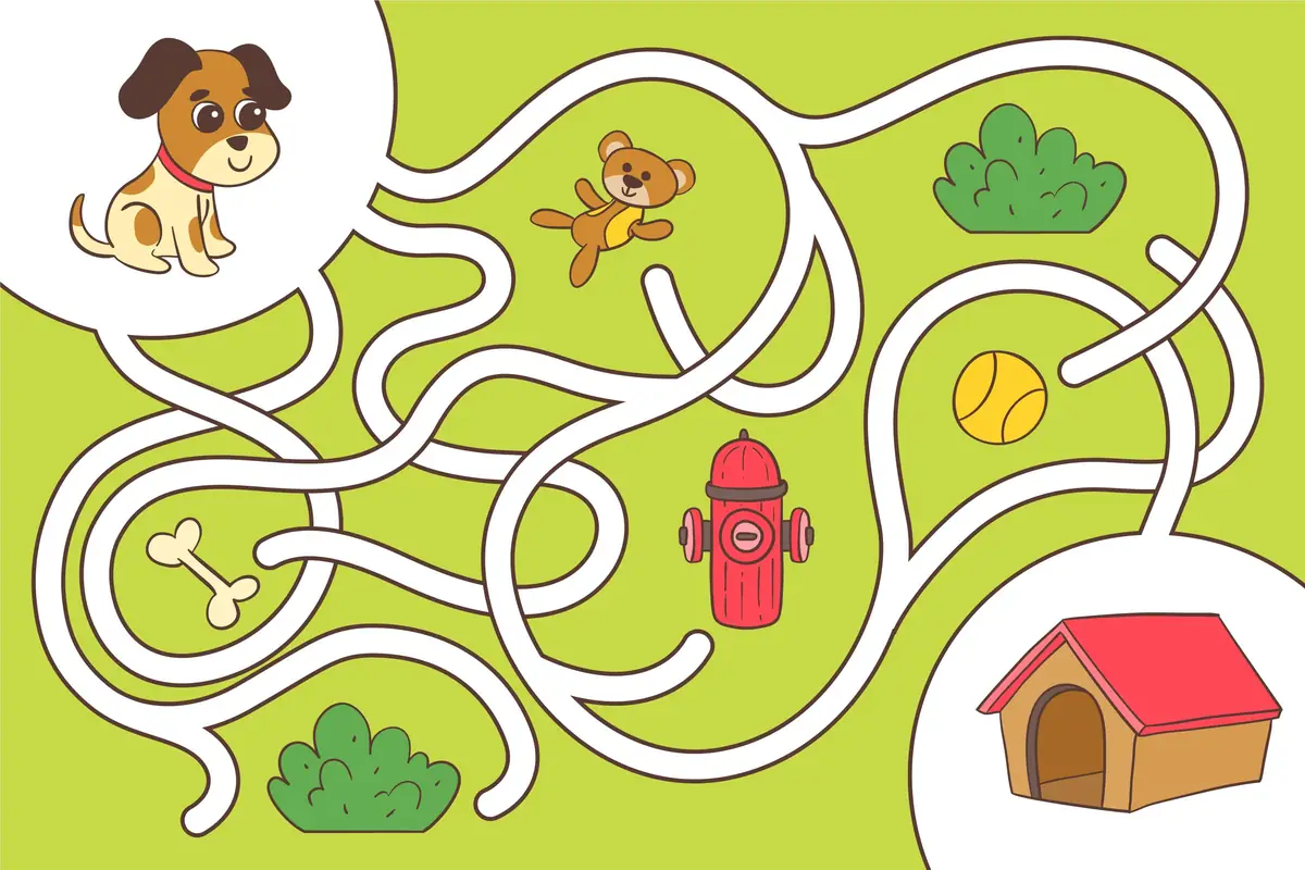 Labyrinthe chien avec deux chemins pour enfant à imprimer