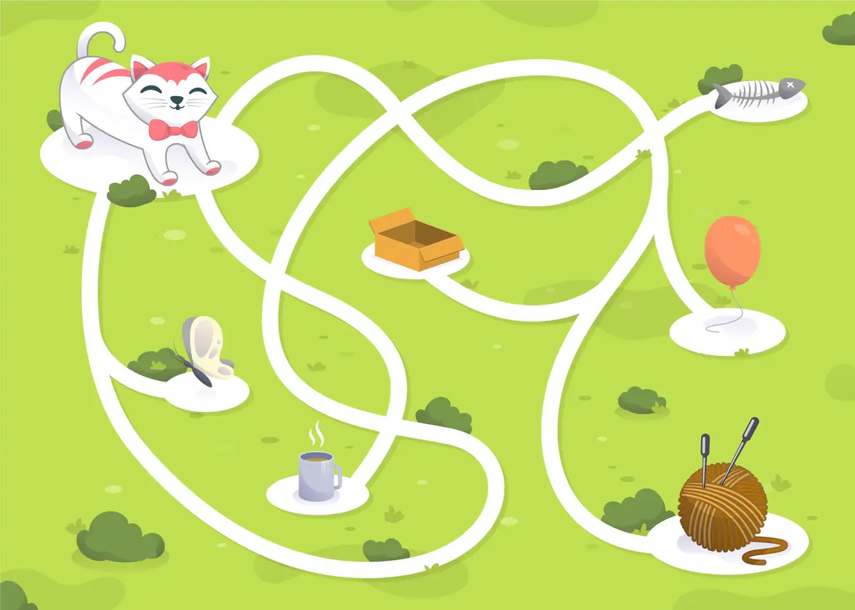 Labyrinthe chat avec deux chemins pour enfant à imprimer