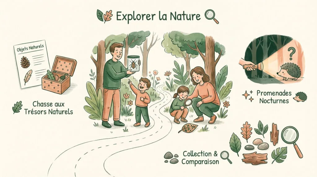 Enfants explorant la nature avec une loupe et un carnet