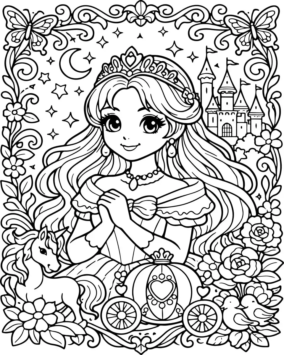Coloriage princesse kawaii avec licorne et château à imprimer