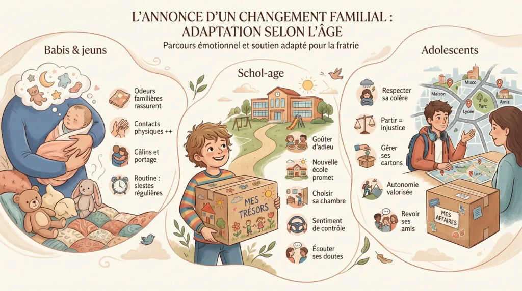 Enfants de différents âges préparant des cartons de déménagement avec le sourire