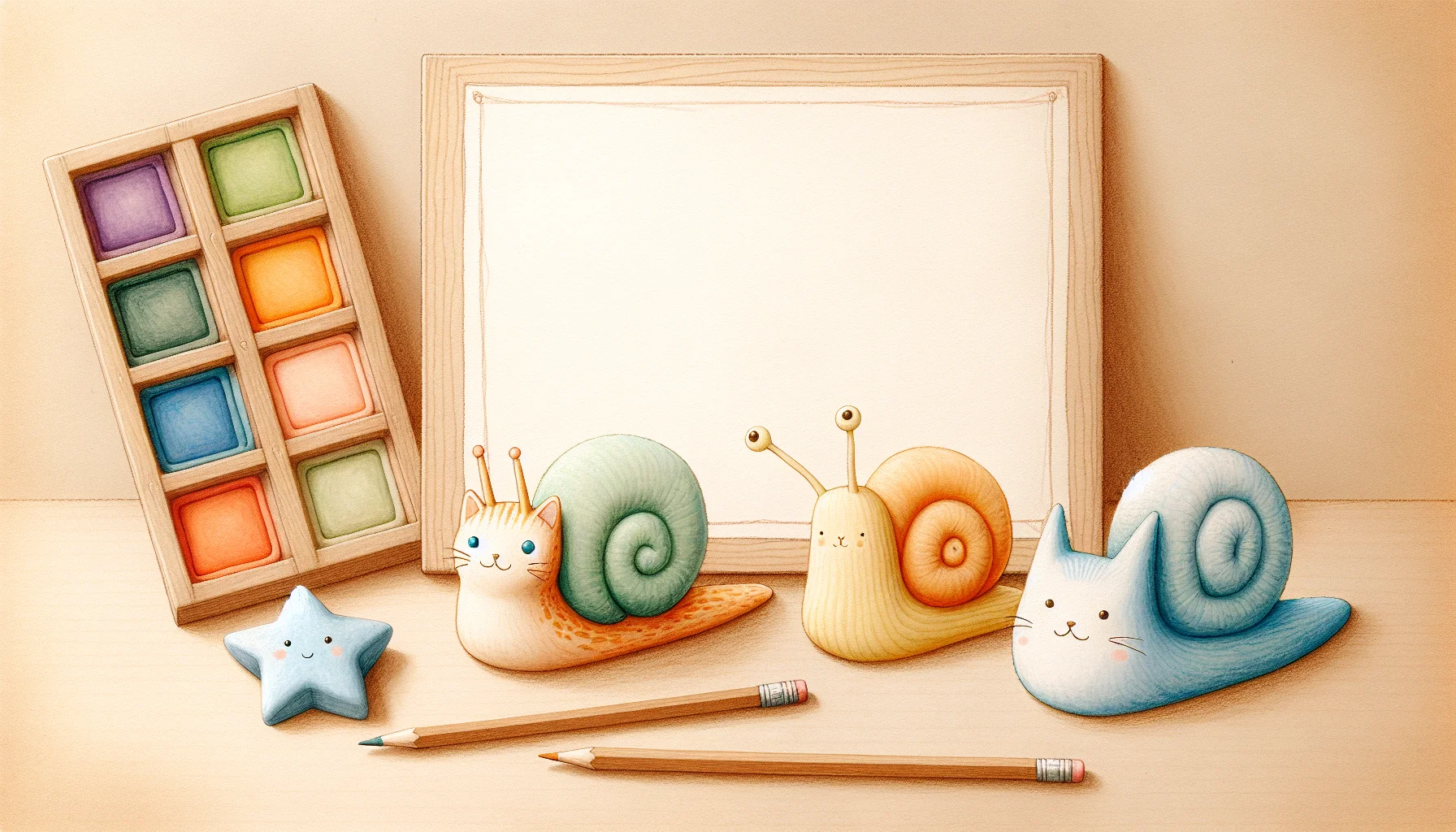 Three cute little animals (a cat, a snail, a star) made of colorful modeling clay sitting on a simple wooden surface, simple and clean