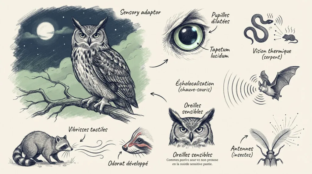 Un hibou aux grands yeux fixant intensément dans la nuit pour illustrer la vision nocturne