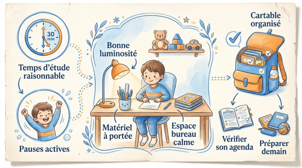 Enfant de CE2 concentré à son bureau avec ses fournitures scolaires