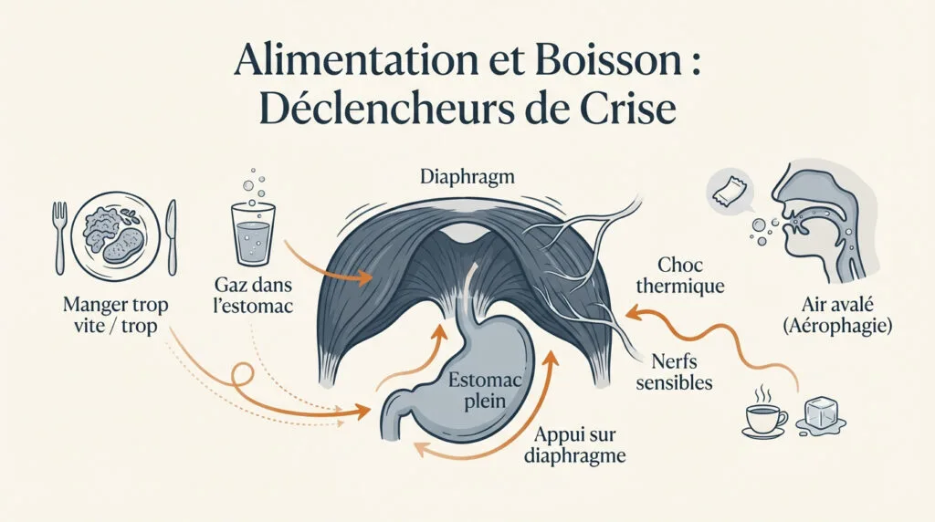Repas copieux et boissons gazeuses pouvant provoquer le hoquet