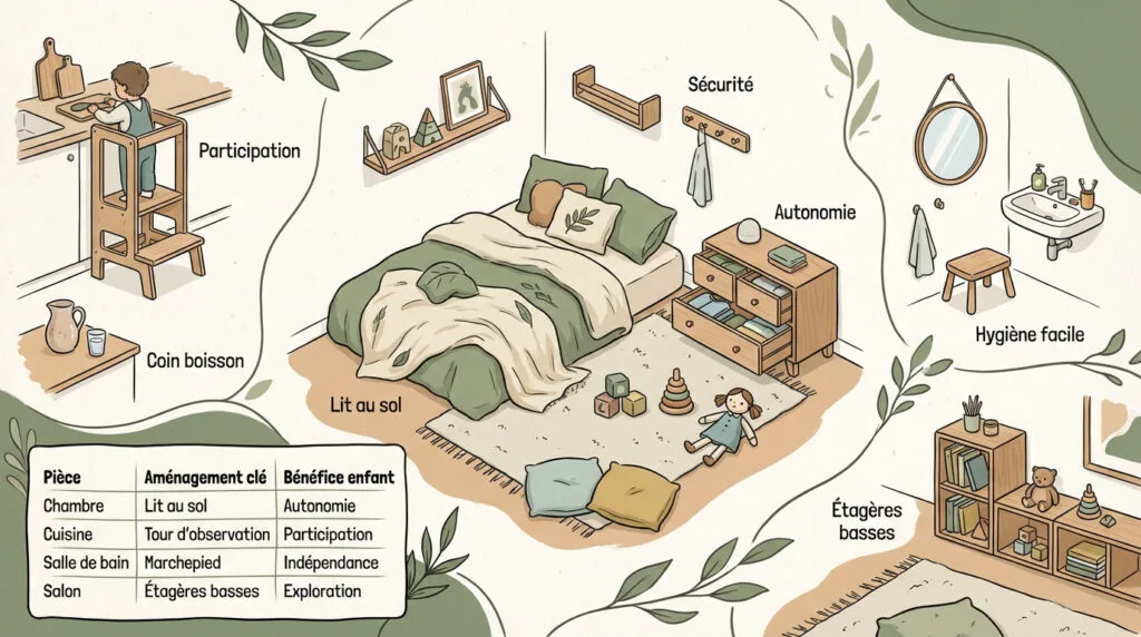 Chambre d'enfant aménagée avec un lit au sol et du mobilier en bois à sa taille pour favoriser l'autonomie