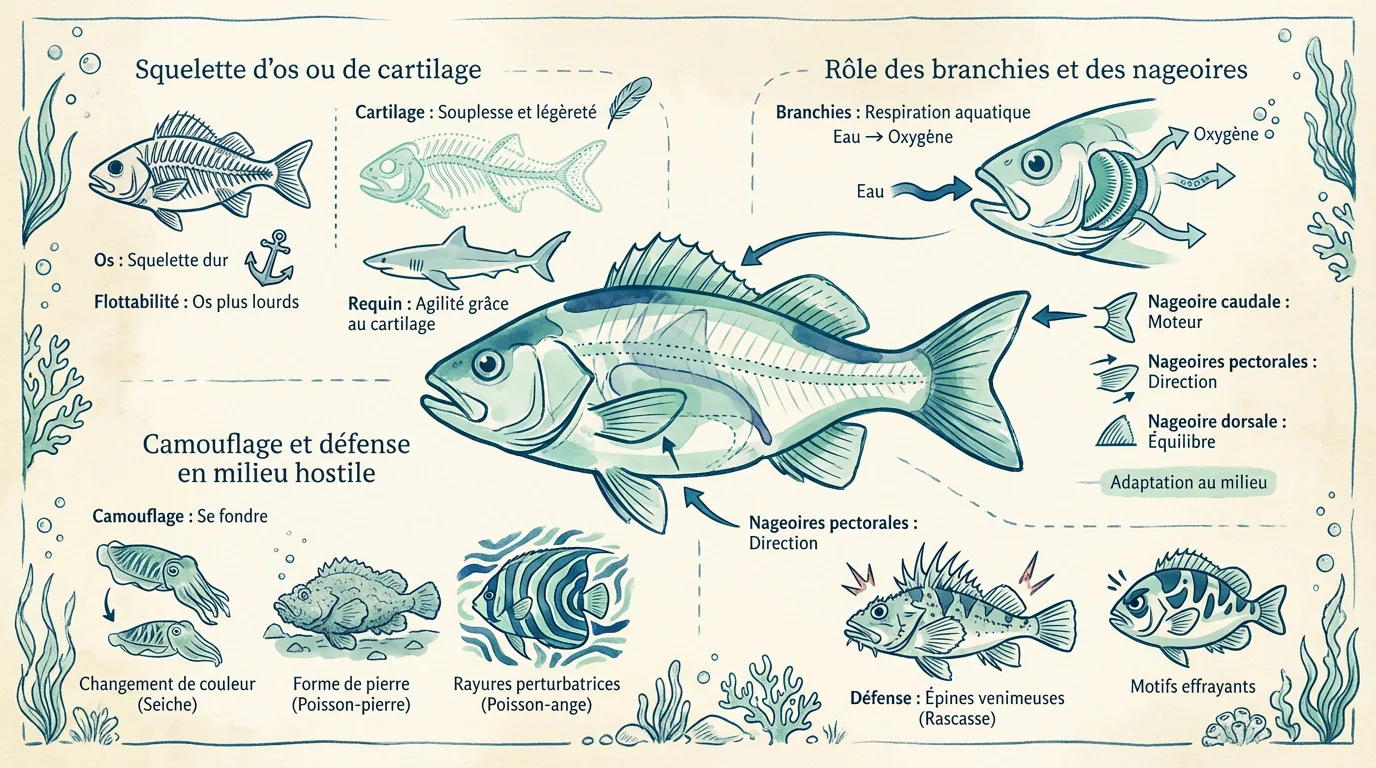 Infographie éducative détaillée sur l'anatomie et les adaptations des poissons: squelettes, branchies, nageoires, camouflage et défense.
