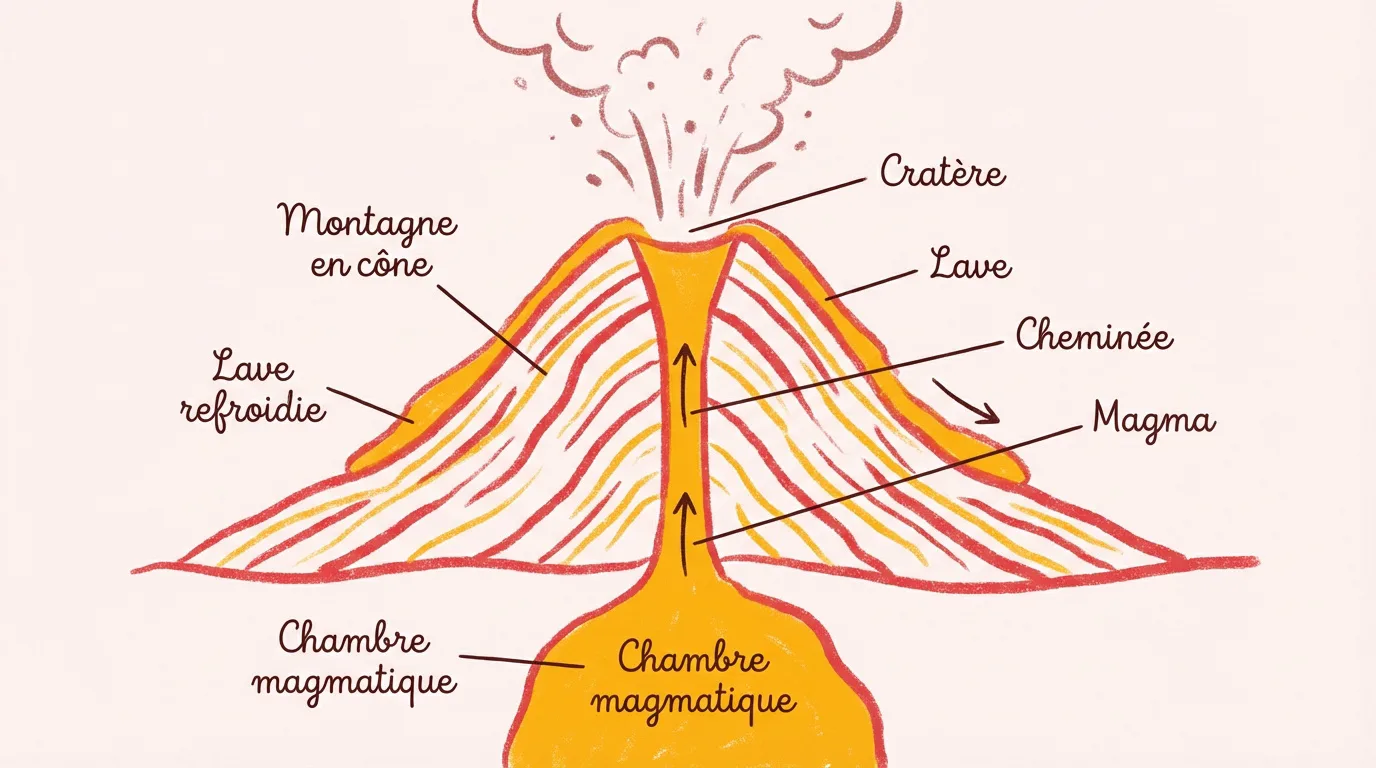 Illustration colorée d'une coupe de volcan en éruption, montrant la chambre magmatique, la cheminée, le cratère, la lave et la lave refroidie.