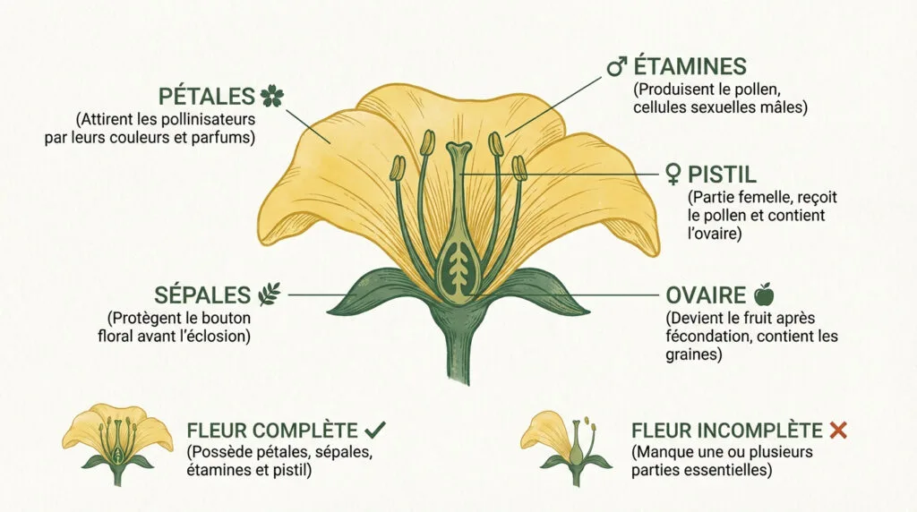 Schéma détaillé de l'anatomie d'une fleur pour l'apprentissage des enfants