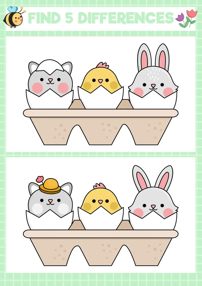 Jeu des differences Paques chat poussin lapin kawaii dans coquilles d'oeufs 5 differences a imprimer