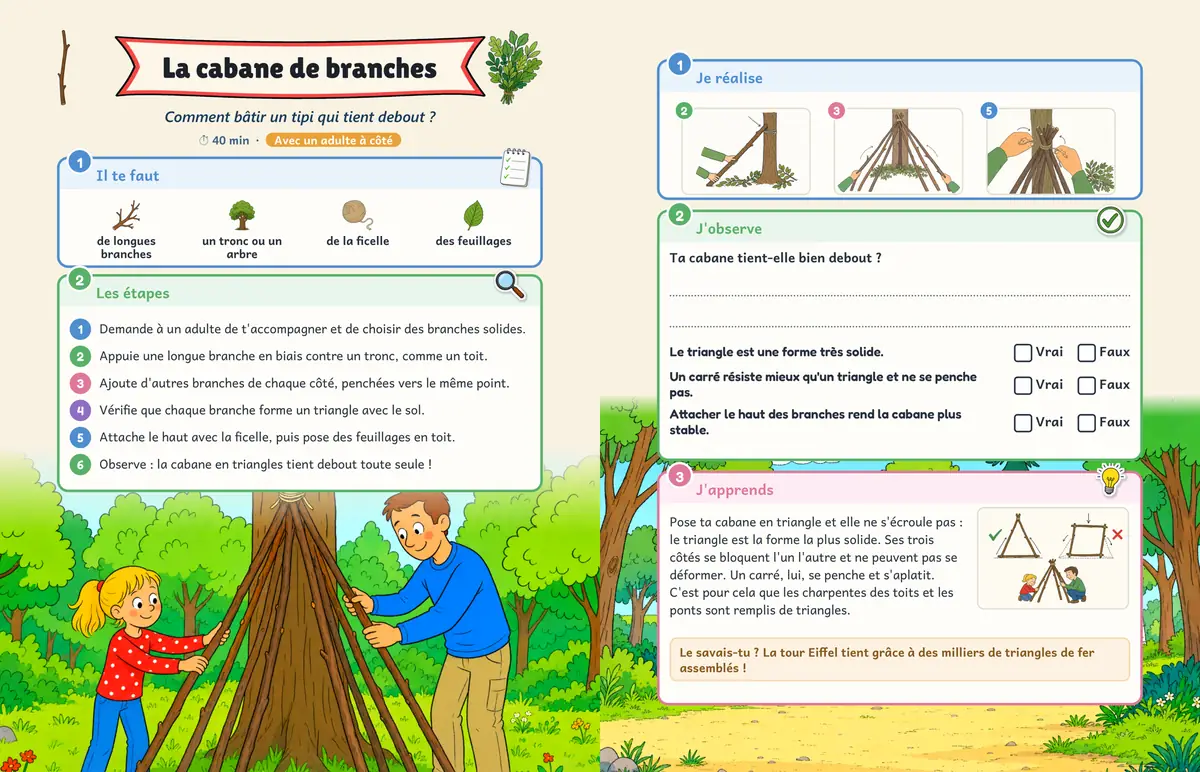 Double page La cabane de branches : bâtir un tipi qui tient debout tout seul
