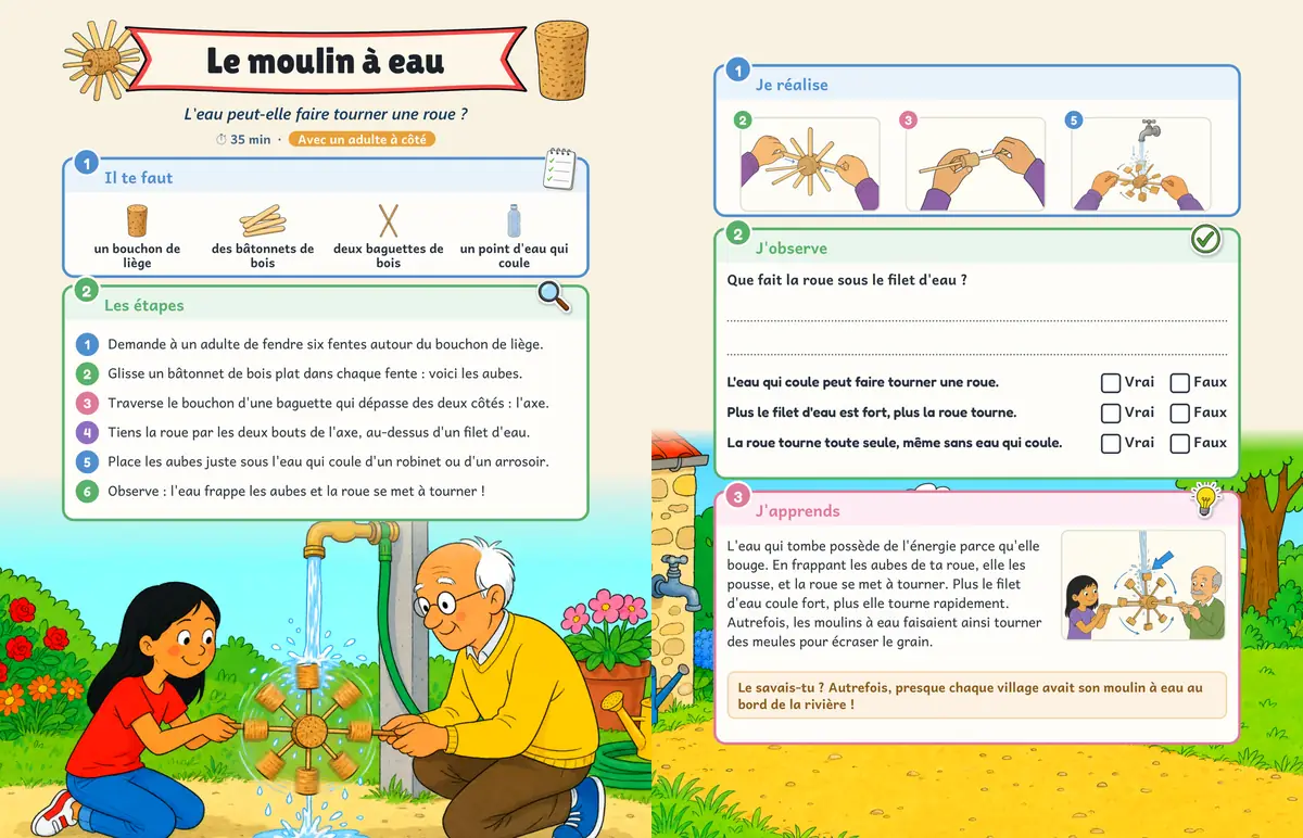 Double page Le moulin à eau : fabriquer une roue qui tourne sous un filet d'eau