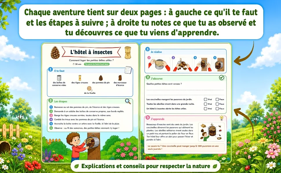 Cahier Anti-Ennui — chaque aventure sur deux pages : les étapes à gauche, le carnet d'observation à droite