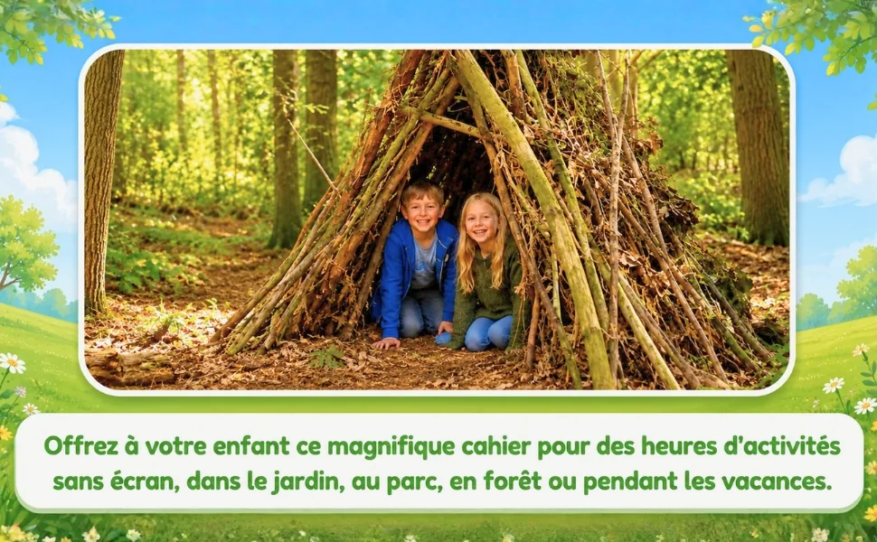 Deux enfants dans une cabane de branches construite en forêt