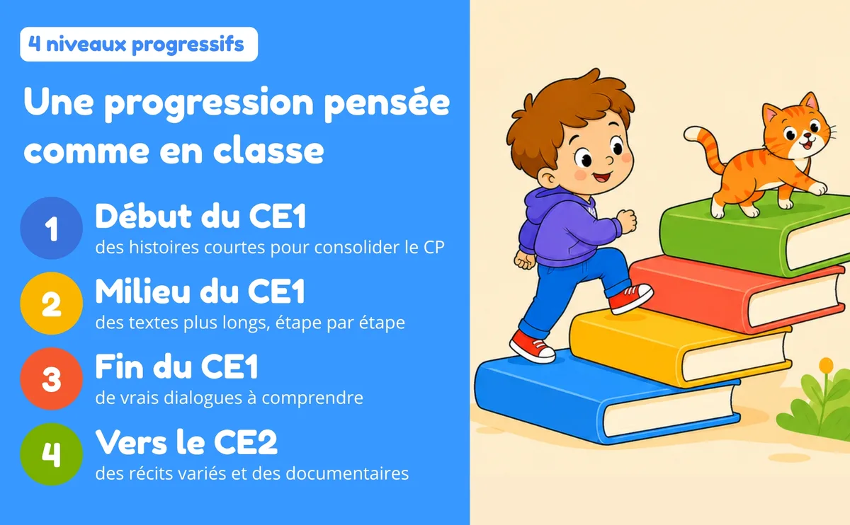 Cahier de lecture CE1 : une progression en 4 niveaux, du début du CE1 vers le CE2