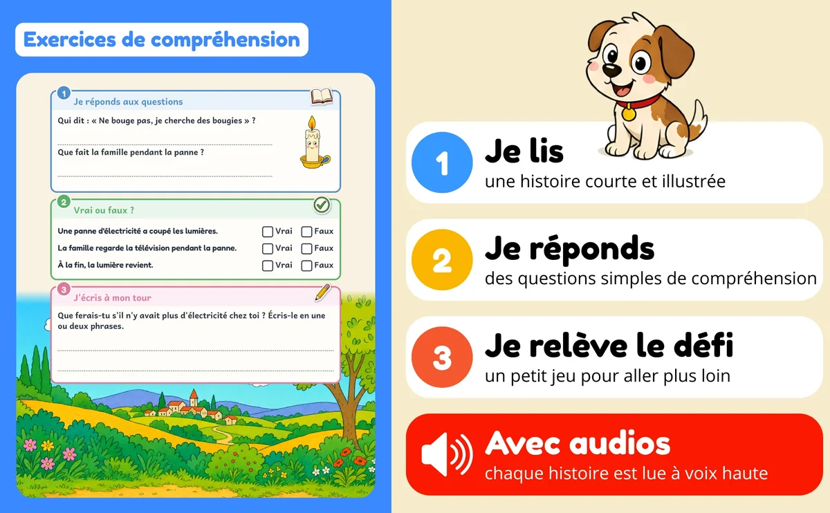 Cahier de lecture CE1 : exercices de compréhension et version audio de chaque histoire