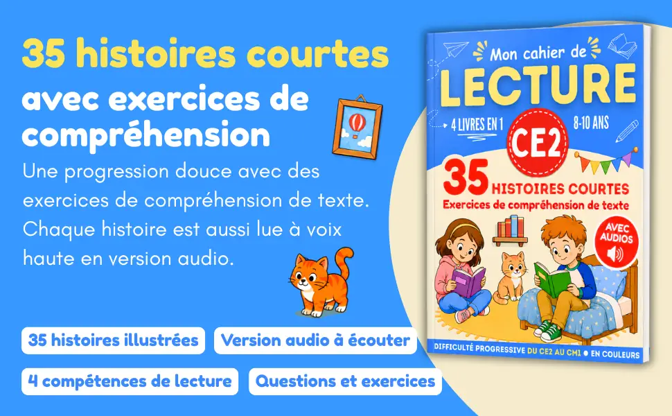 Cahier de lecture CE2 : 35 histoires courtes avec exercices de compréhension et version audio