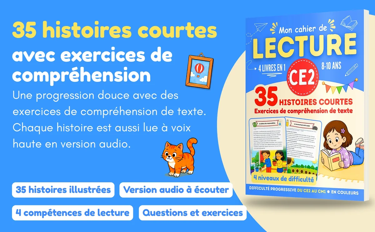 Cahier de lecture CE2 : 35 histoires courtes avec exercices de compréhension et version audio
