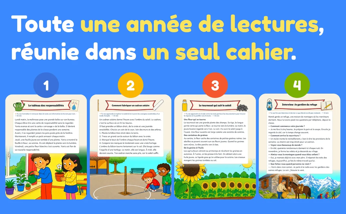 Cahier de lecture CE2 : toute une année de lectures variées réunie dans un seul cahier