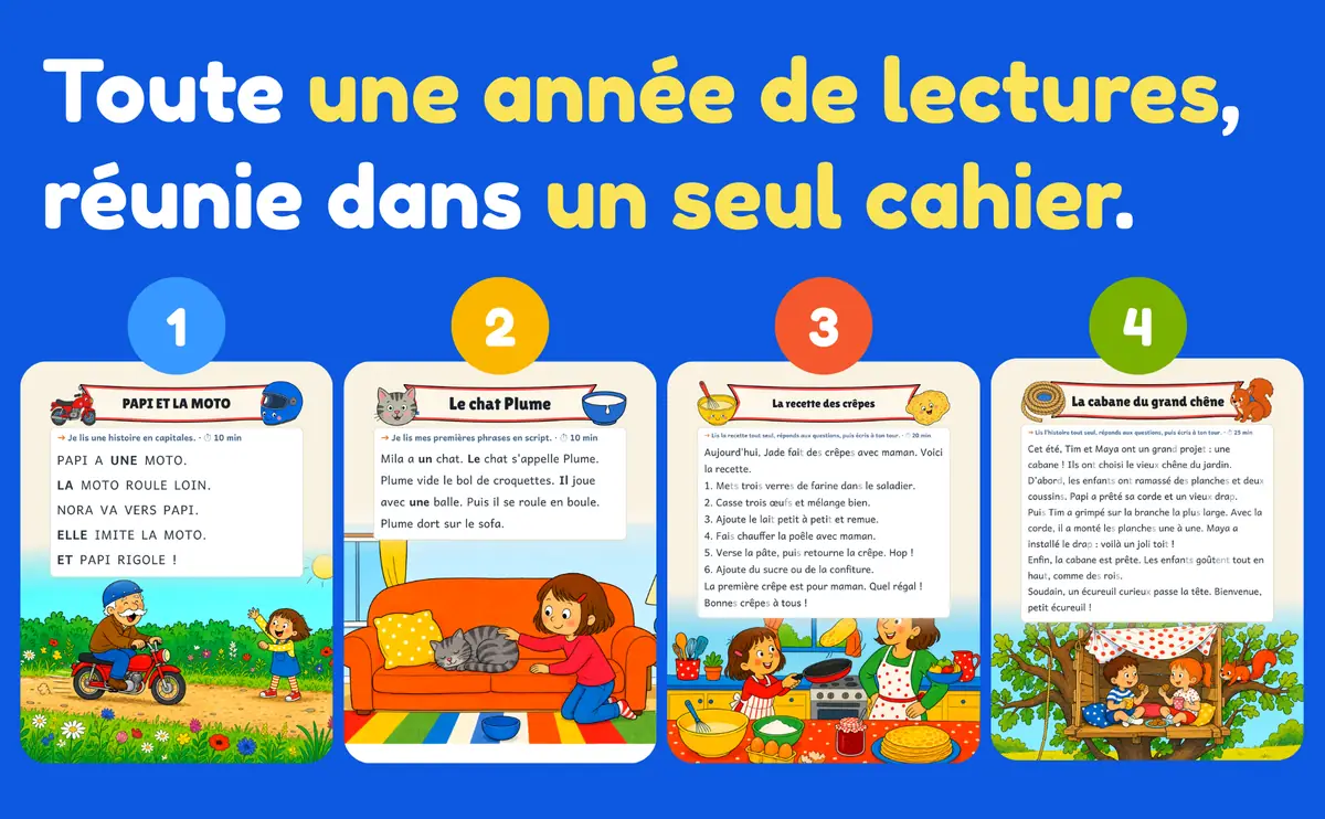 Cahier de lecture CP : exemples d'histoires courtes illustrées à lire