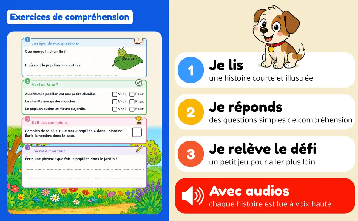 Cahier de lecture CP : exercices de compréhension et version audio de chaque histoire