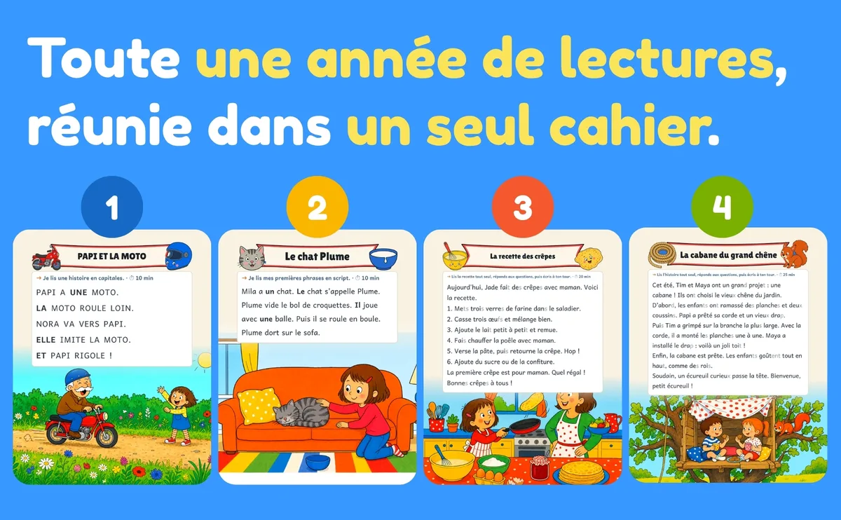 Cahier de lecture CP : 4 exemples d'histoires illustrées, une par niveau, du début du CP vers le CE1