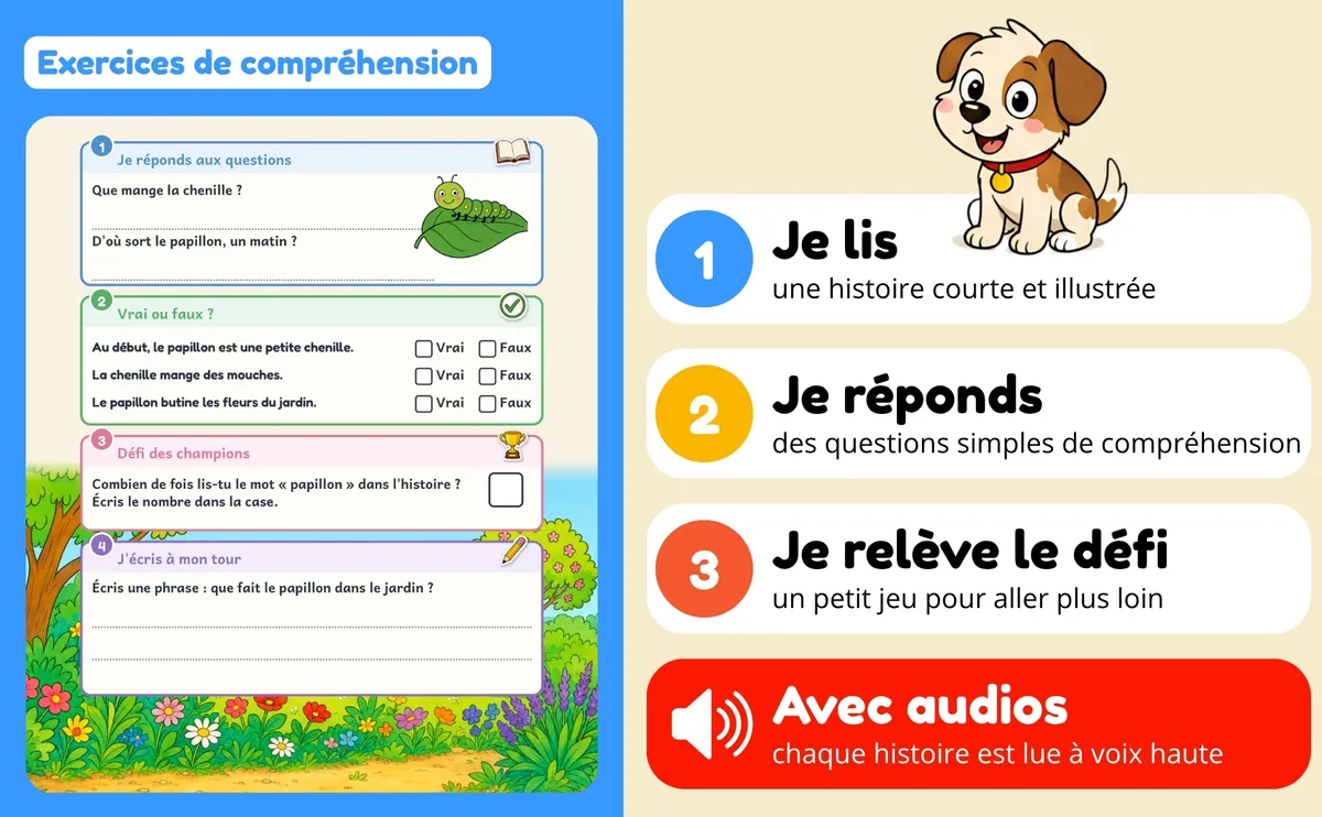 Cahier de lecture CP : exercices de compréhension et version audio de chaque histoire