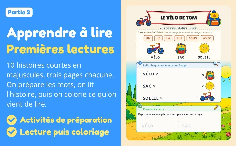 Cahier de lecture GS, partie 2 : 10 premières histoires à lire, préparer les mots puis lire seul