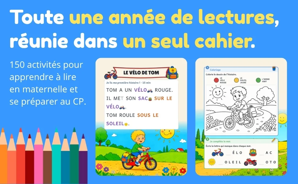Cahier de lecture GS : lire l'histoire, colorier le dessin et compléter les mots, 150 activités en couleurs