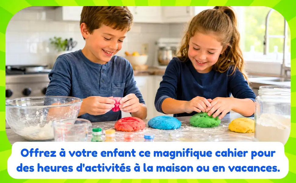 Deux enfants malaxent de la pâte à modeler maison colorée dans la cuisine, une expérience du cahier de chimie