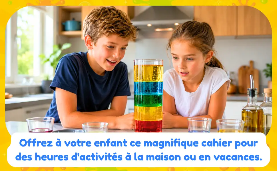 Deux enfants observent une tour de liquides colorés dans la cuisine, une expérience du cahier de sciences
