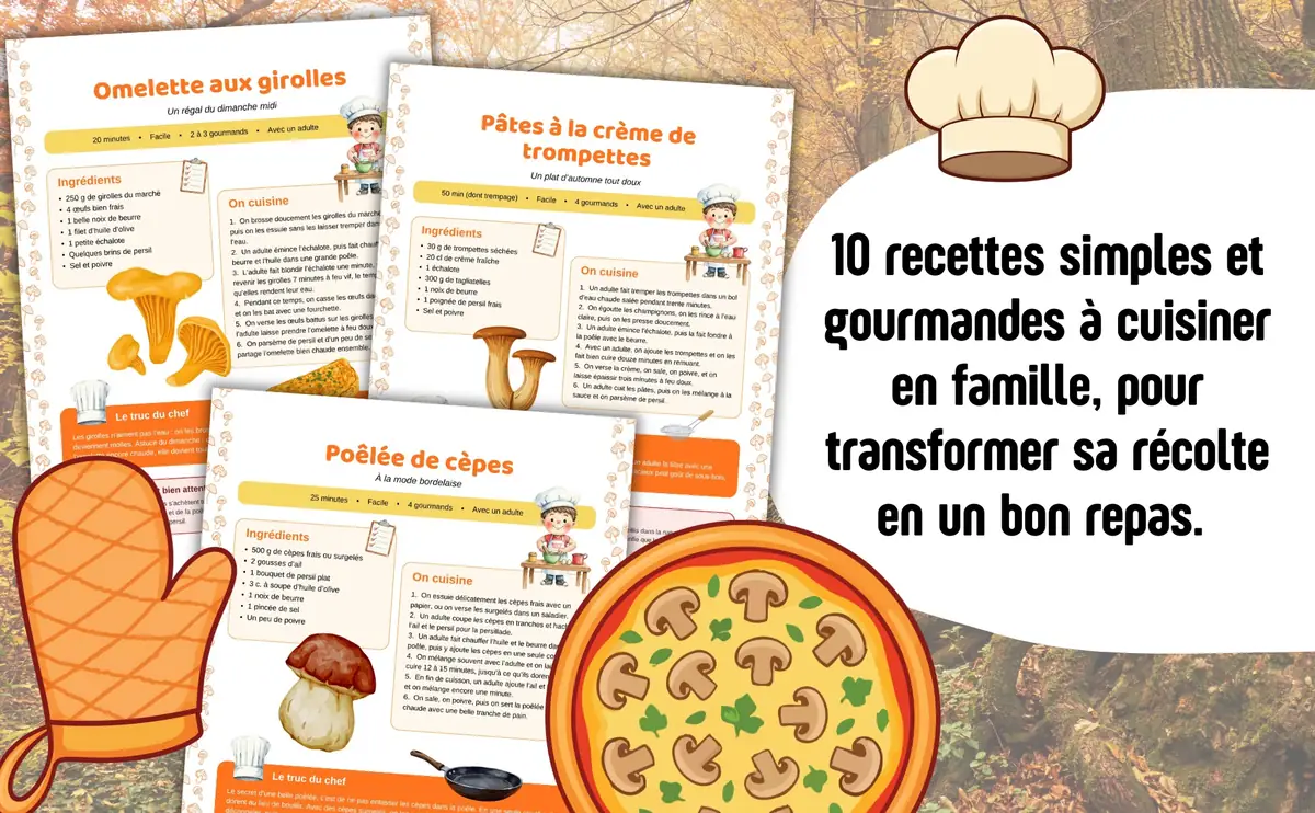 Les 10 recettes faciles du livre : omelette aux girolles, pâtes à la crème de trompettes et poêlée de cèpes, à cuisiner en famille