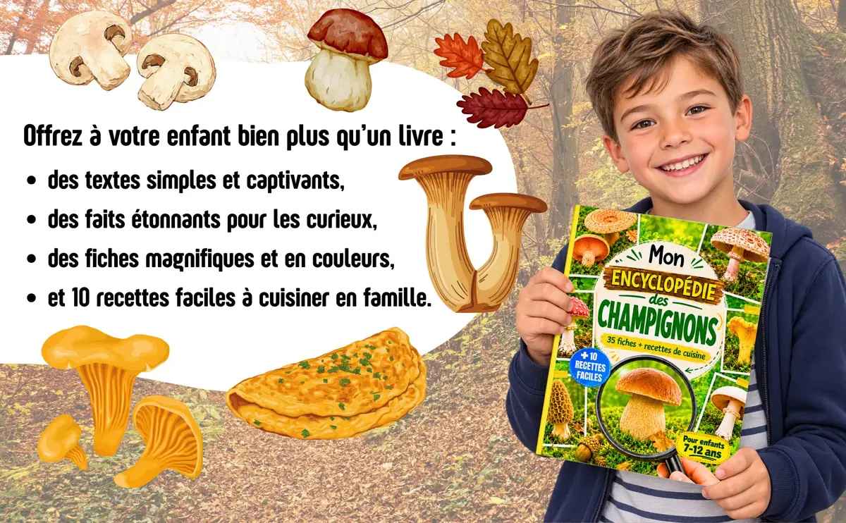 Un enfant tient le livre Mon Encyclopédie des Champignons : textes simples, faits étonnants, fiches en couleurs et 10 recettes