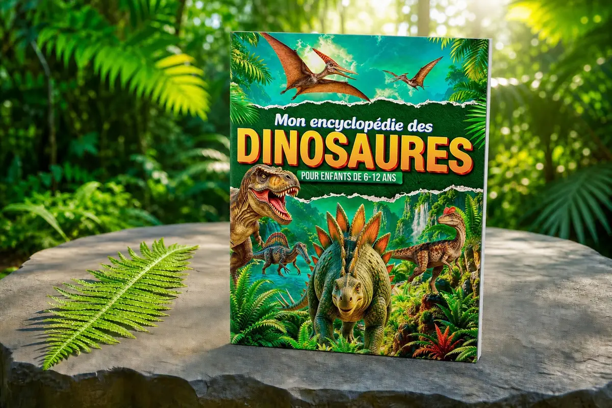 Le livre Mon encyclopédie des Dinosaures posé fermé sur une pierre plate, dans une clairière de jungle préhistorique