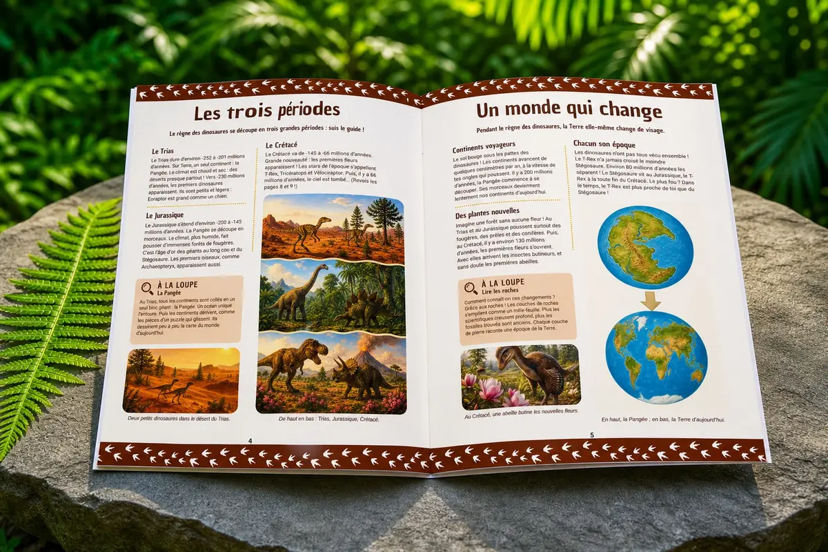 Double-page du livre : les trois périodes, Trias, Jurassique et Crétacé, et la Pangée qui se disloque