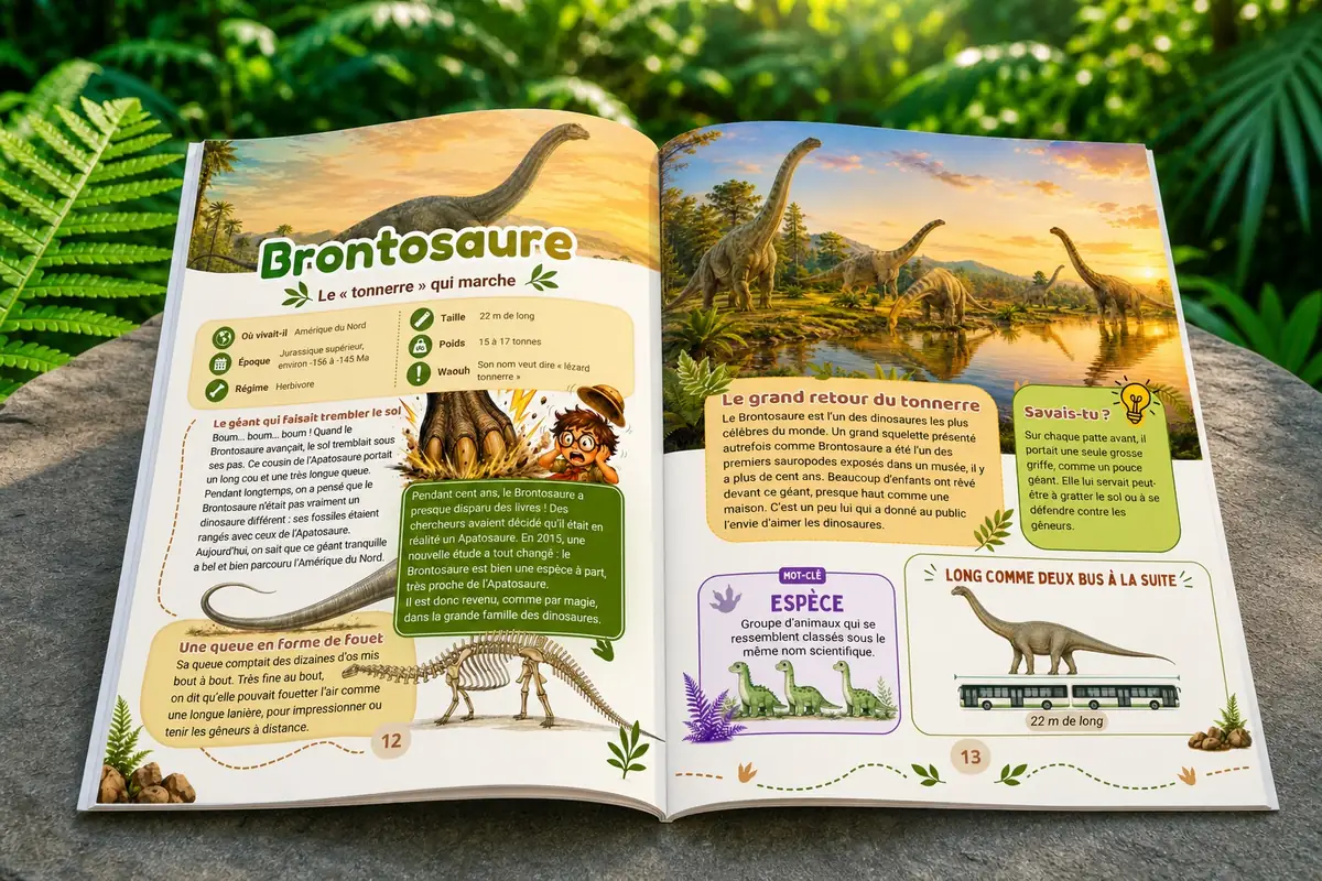 Double-page du livre : la fiche du Brontosaure, sa carte d'identité, sa queue en fouet et la comparaison avec deux bus