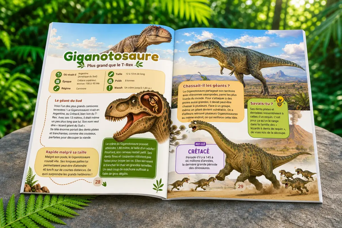 Double-page du livre : la fiche du Giganotosaure, le carnivore plus grand que le T-Rex, et son crâne d'un mètre quatre-vingts