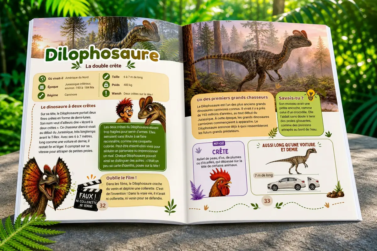 Double-page du livre : la fiche du Dilophosaure, ses deux crêtes et l'encadré qui corrige le mythe du venin au cinéma