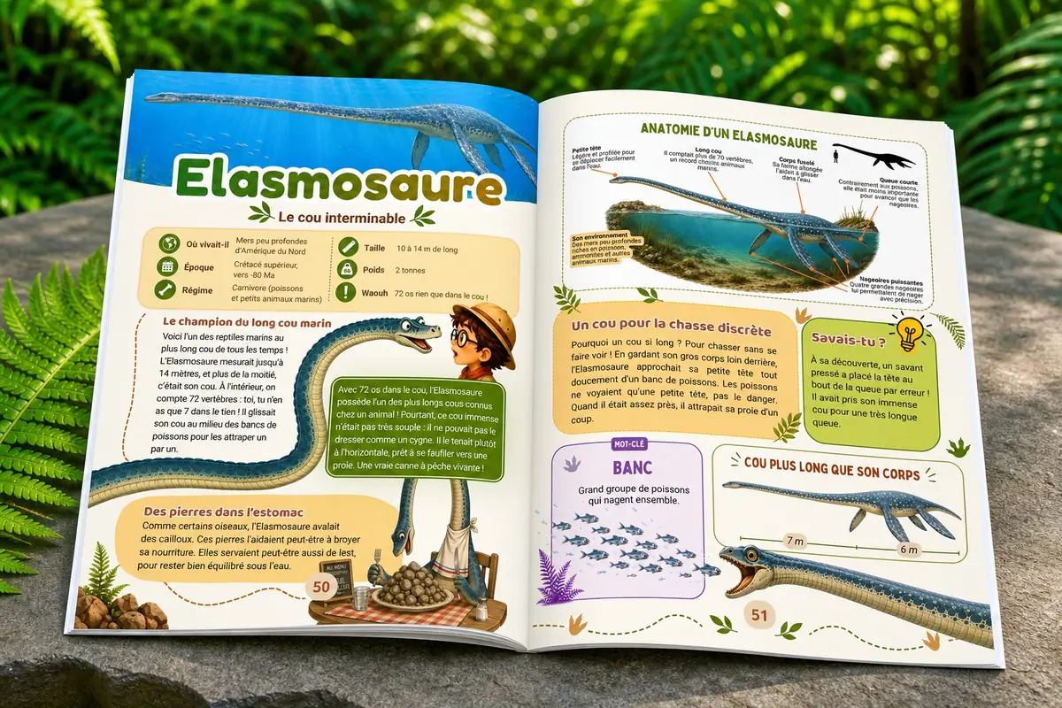 Double-page du livre : la fiche de l'Elasmosaure, reptile marin aux 72 vertèbres cervicales, avec son schéma d'anatomie