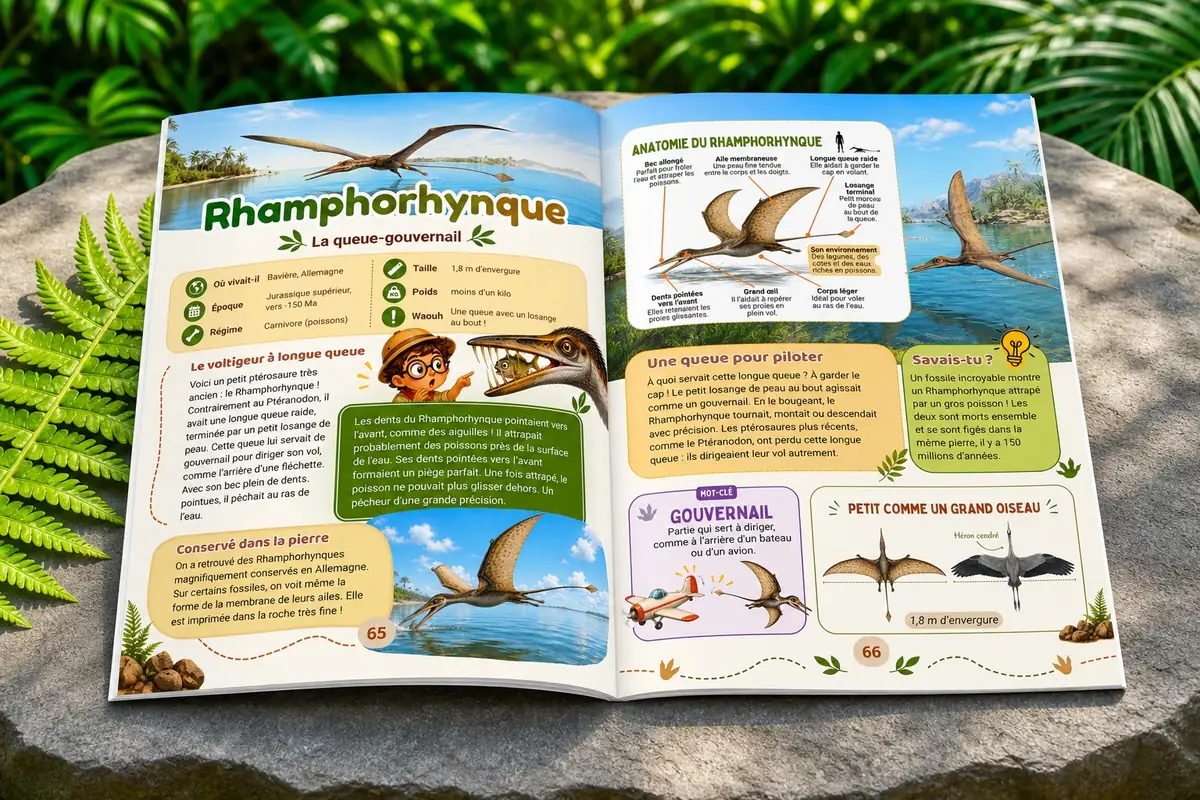 Double-page du livre : la fiche du Rhamphorhynque, ptérosaure à queue-gouvernail, comparé à un héron cendré